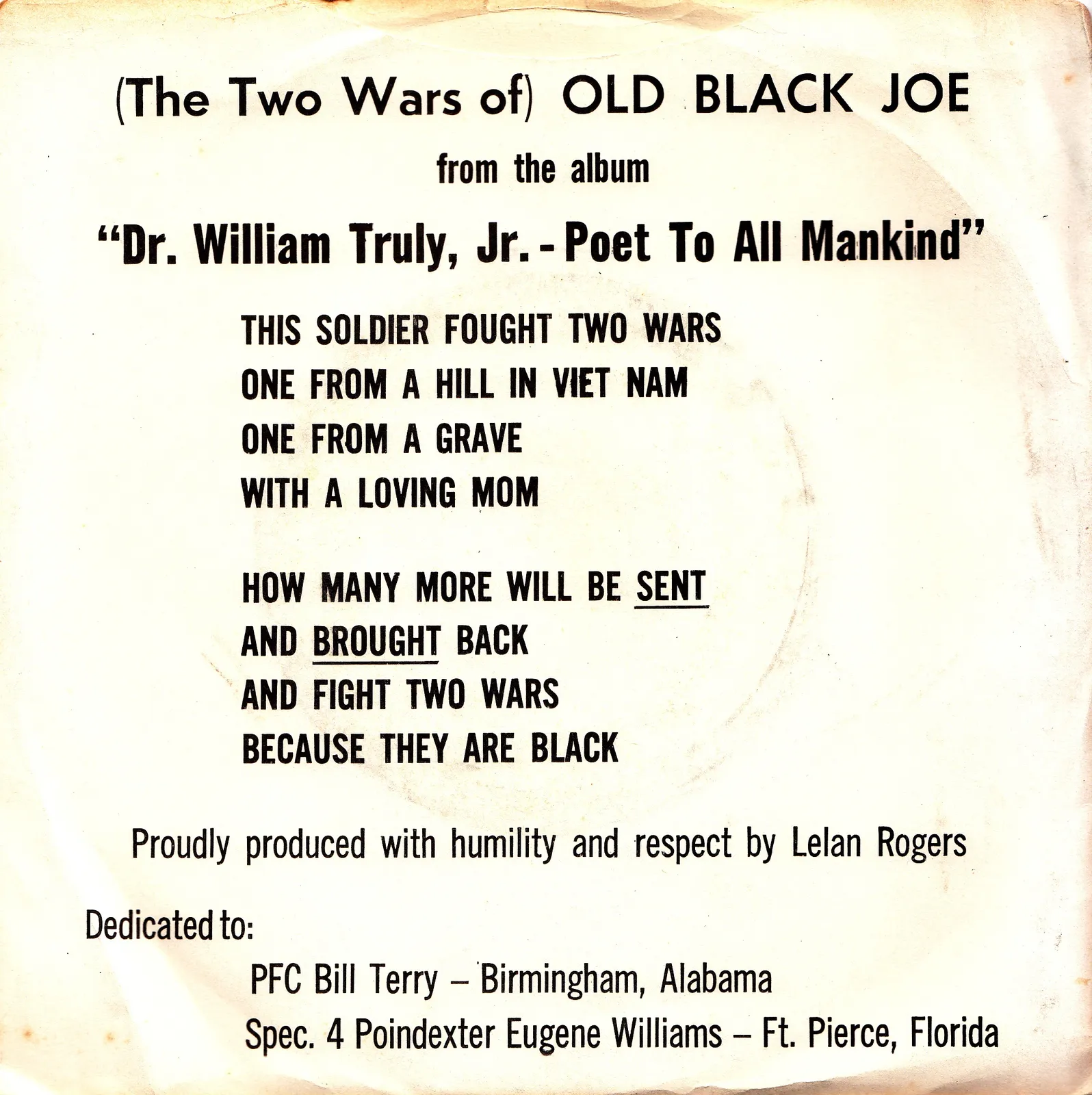 (The Two Wars Of) Old Black Joe – Dr. William Truly, Jr. (Picture sleeve)