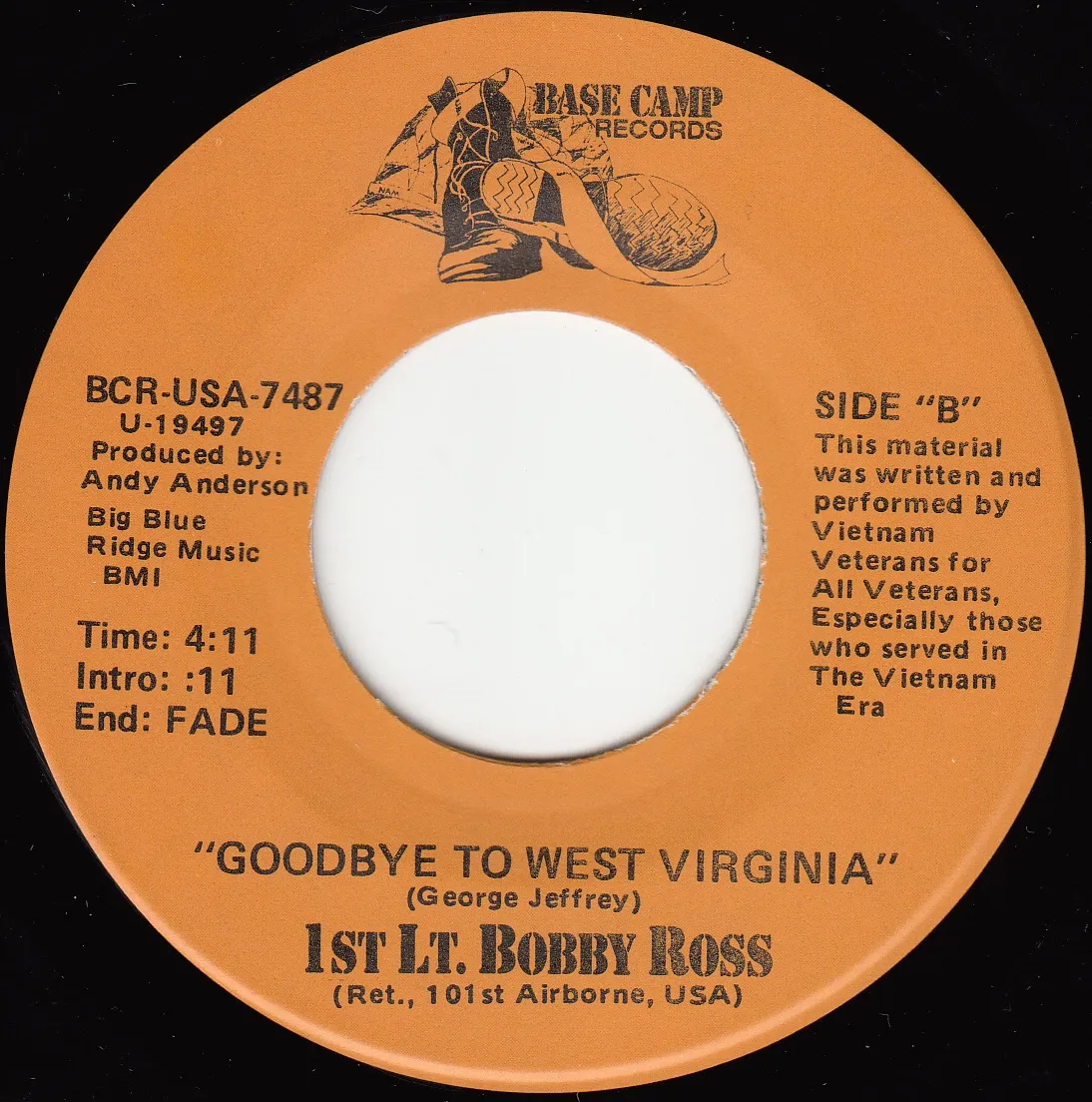 Goodbye to West Virginia – 1st Lt. Bobby Ross (A-side label)