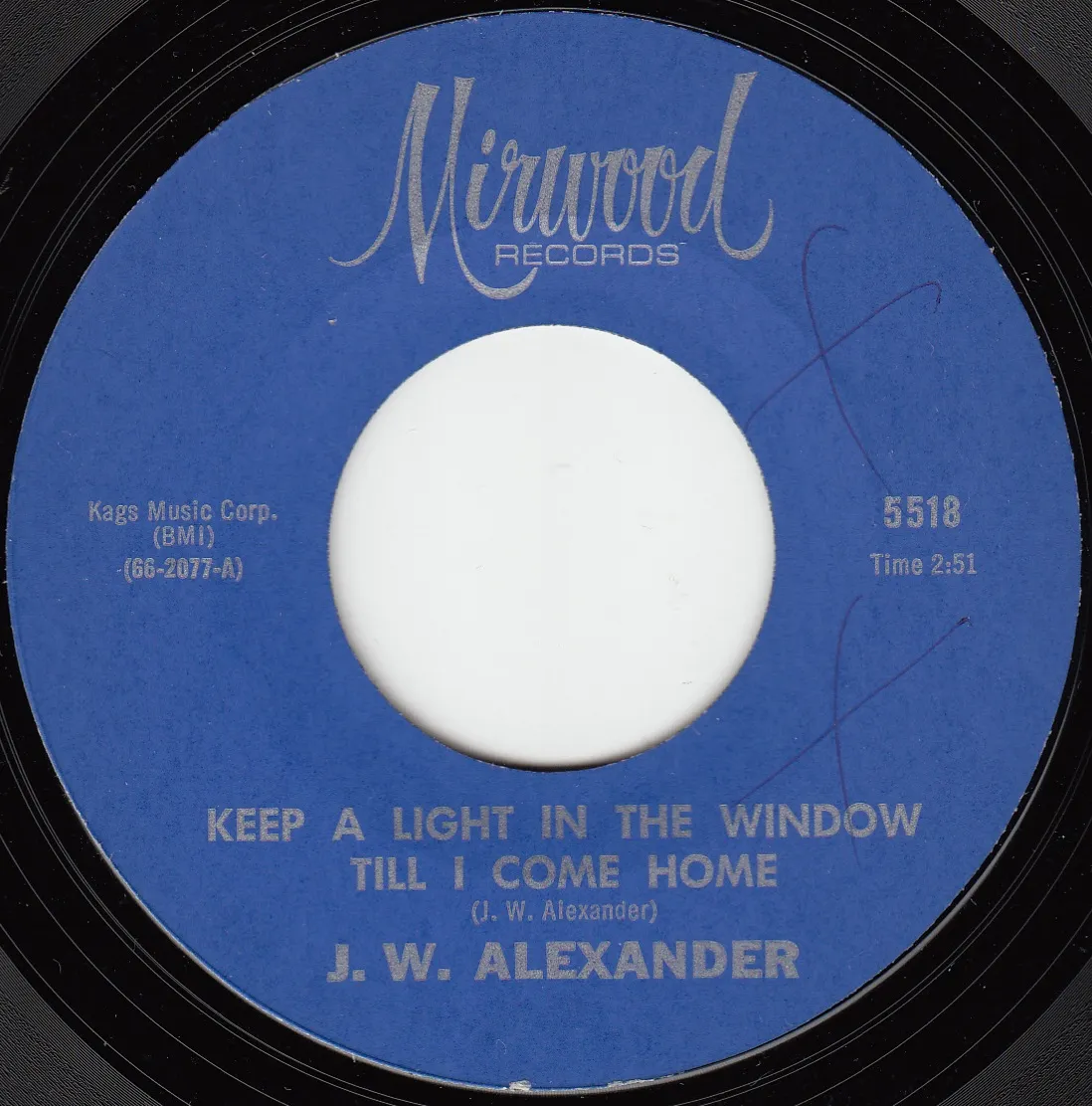 Keep A Light in the Window Until I Come Home – J.W. Alexander (A-side label)