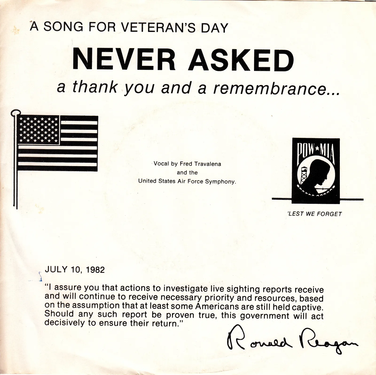 Never Asked (P.O.W. - M.I.A. Theme) – Fred Travalena (Picture sleeve)