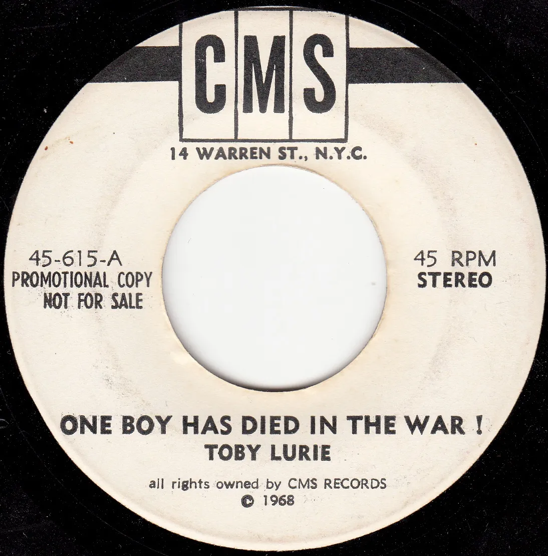 One Boy Has Died in the War – Toby Lurie (A-side label)