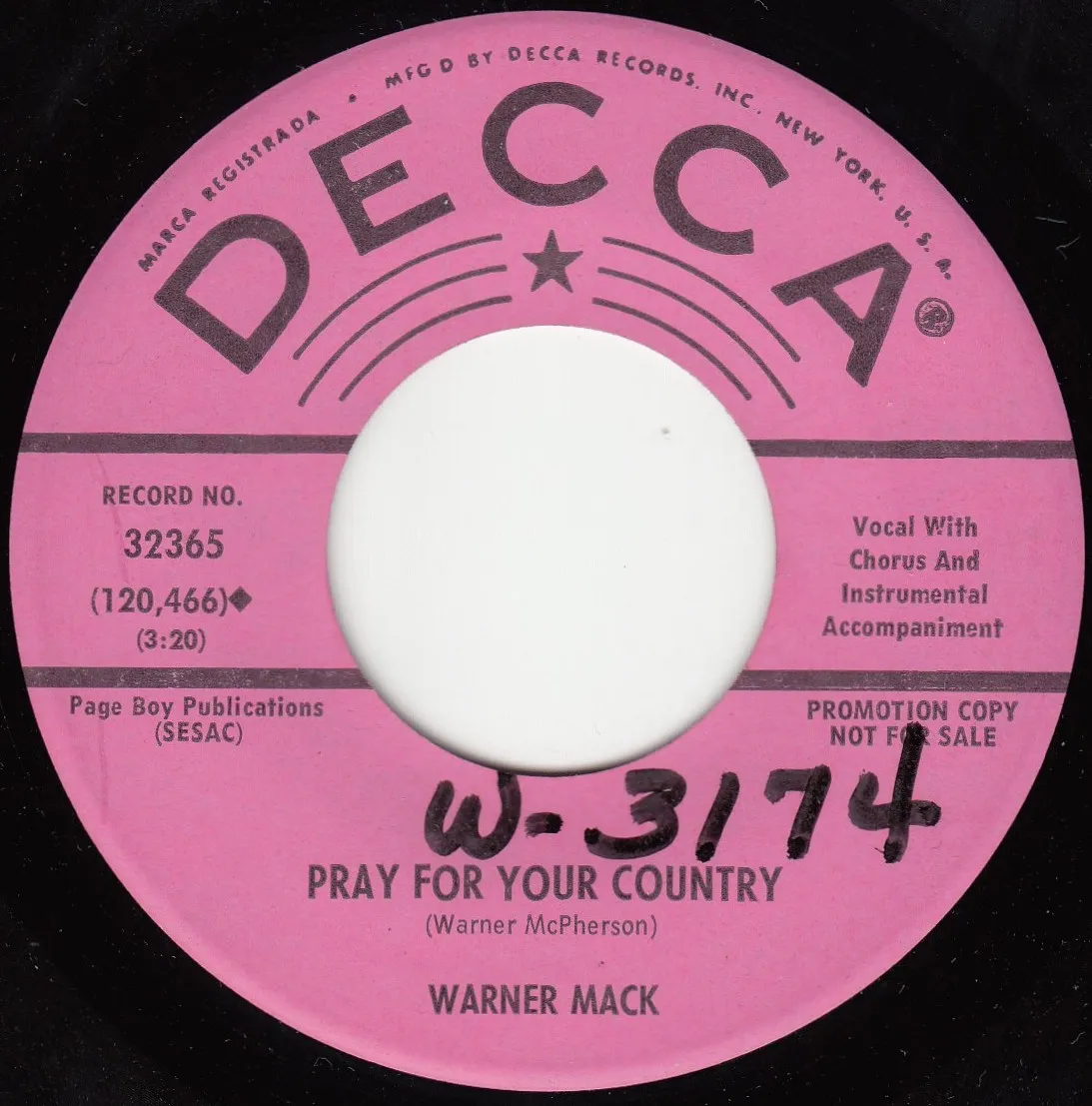 Pray for Your Country – Warner Mack (A-side label)