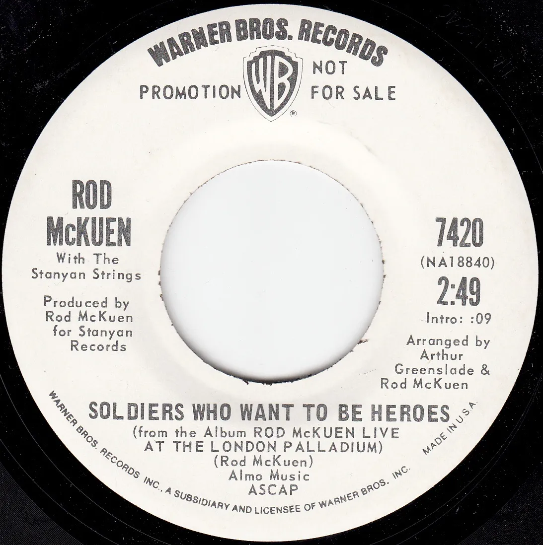 Soldiers Who Want to Be Heroes – Rod McKuen (A-side label)