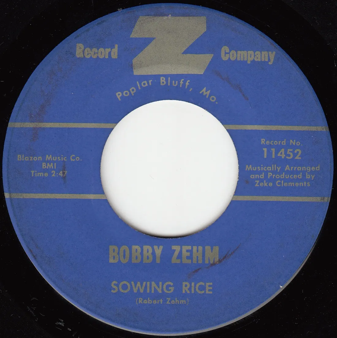 Sowing Rice – Bobby Zehm (A-side label)