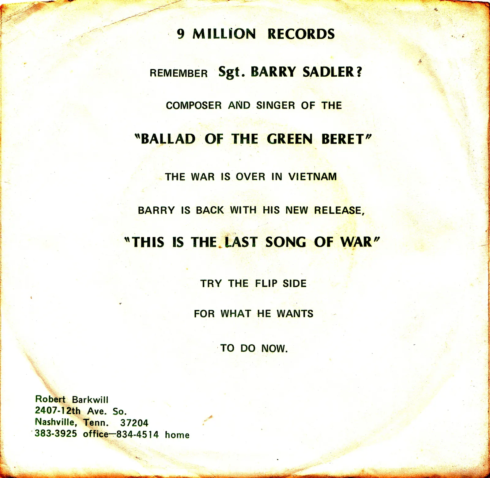 This Is the Last Song of War – Barry Sadler (Picture sleeve)