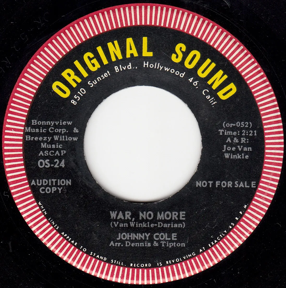 War, No More – Johnny Cole (A-side label)