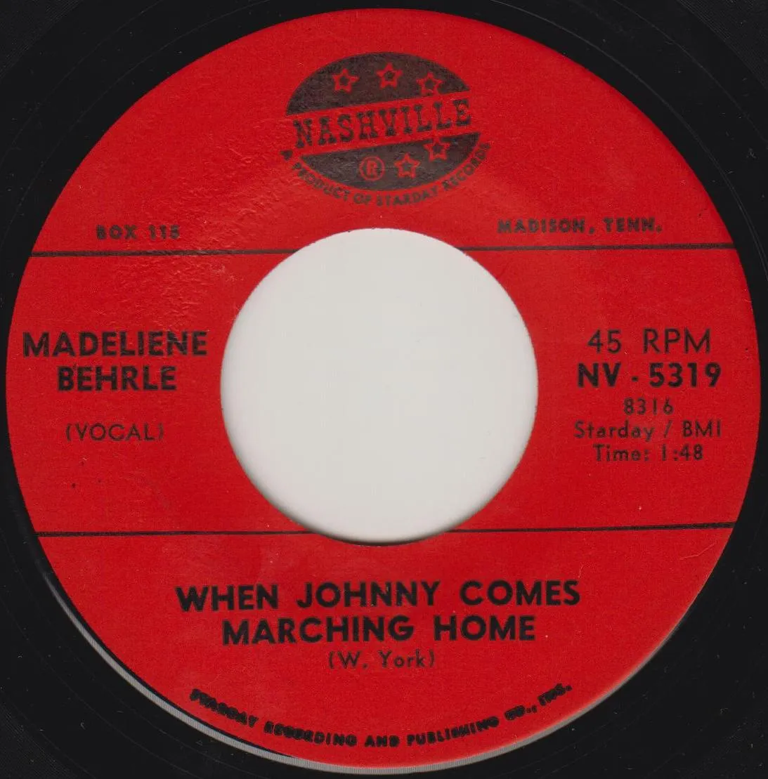 When Johnny Comes Marching Home – Madeliene Behrle (A-side label)