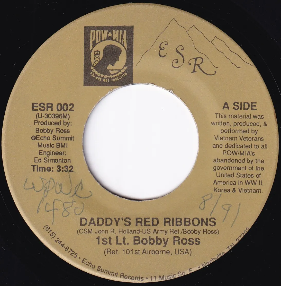 Daddy's Reds Ribbons – 1st Lt. Bobby Ross (A-side label)
